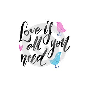 All you need is love phrase. Hand drawn lettering. Modern brush calligraphy with couple of birds characters. Hand