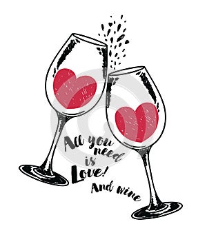 `All you need is love` poster with two wine glasses and hearts