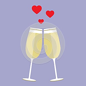 `All you need is love and wine` poster with two wine glasses and hearts, can be used as invitation banner for valentine`s day part