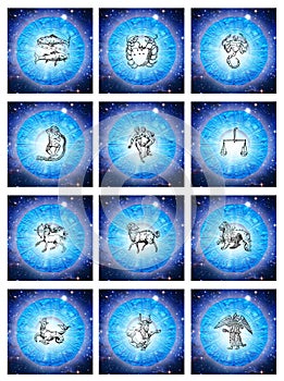 All zodiac signs over blue horoscope and white background