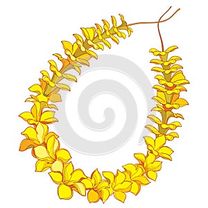 Vector outline Hawaiian lei necklace from tropical Allamanda yellow flower and petal isolated on white background. photo