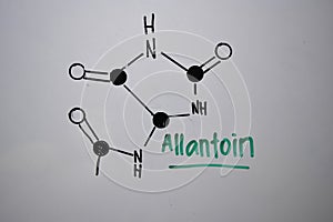 Allantoin or called 5-uredohydantoin molecule write on the white board. Structural chemical formula. Education concept
