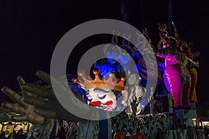 The allegorical float entitled `Abbracciami Ã¨ Carnevale` during the night parade in Viareggio, Italy