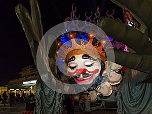 The allegorical float entitled `Abbracciami Ã¨ Carnevale` during the night parade in Viareggio, Italy