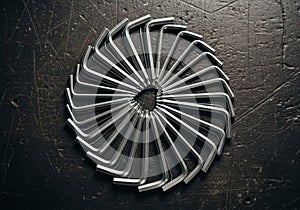 Allen wrenches arranged in a circular pattern on a dark, textured surface. Each tool is