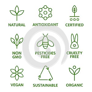 Allergen free badges. Natural and organic cosmetic line icons. Beauty product. Gluten and paraben free cosmetic. Non photo