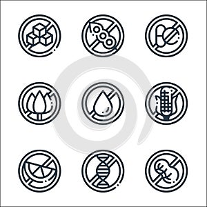 Allergen free products line icons. linear set. quality vector line set such as peanut, genome, citrus, corn, fat free, flower,