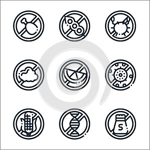 Allergen free products line icons. linear set. quality vector line set such as salt free, genome, corn, antibacterial, citrus,