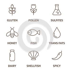 Allergen line icon set. Sulfites, milk trans fats, honey, spicy gluten, lactose fish egg, pollen mollusk, dairy free