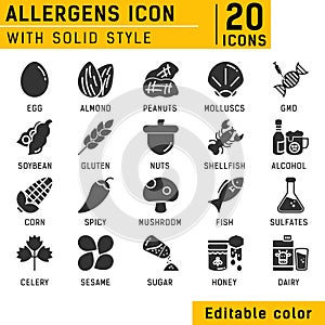 Allergens solid icons vector set. Isolated on white background. Allergens icon with solid style