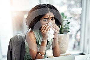 Allergies, blowing nose or sick black woman in office or worker with hay fever sneeze or bad illness. Sneezing, flu or