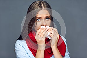 Allergies or flu sickness woman holding paper tissue