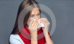 Allergies or flu sickness woman holding paper tissue