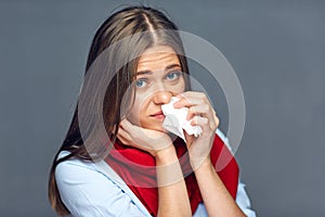 Allergies or flu sickness woman holding paper tissue photo