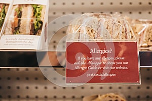 Allergies notice next to sandwiches inside Pret a Manger, London, UK