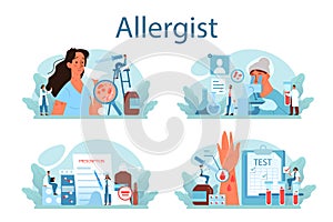 Allergist concept set. Disease with allergy symptom, medical allergology photo