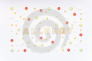 Allergy. Allergens, antihistamine pills, seasonal allergies. Minimal flat lay.