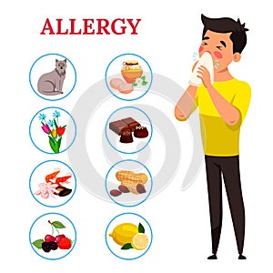 Allergy concept. Boy sneezes or blows nose in handkerchief, allergic reaction of immune system. Types of allergens: some photo