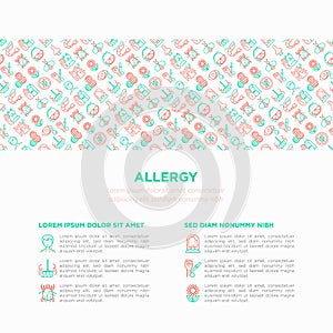 Allergy concept with thin line icons: dust, streaming eyes, lactose intolerance, citrus, seafood, gluten free, dust mite, peanut,