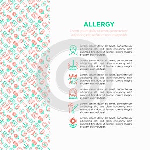 Allergy concept with thin line icons: runny nose, dust, streaming eyes, lactose intolerance, citrus, seafood, gluten free, dust