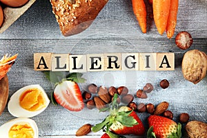 Allergy food concept. Allergy food as almonds, milk, cheese, strawberry, seeds, eggs, peanuts and .crustaceans or shrimps with photo