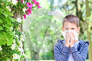 Allergy. Little boy has allergies from flower pollen