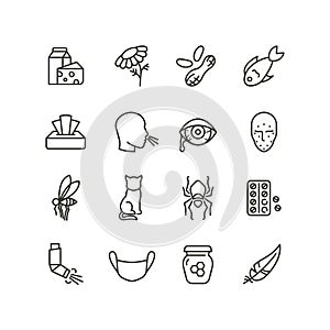 Allergy and rhinitis symptoms line icons. Allergic and allergen outline vector medicine symbols isolated
