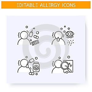 Allergy symptoms treatment line icons set