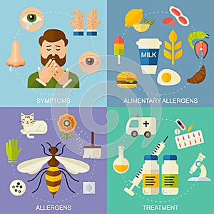 Allergy symptoms vector flat style illustration. The most common allergens icons set. Medicine and health symbols.