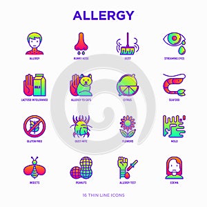 Allergy thin line icons set: runny nose, dust, streaming eyes, lactose intolerance, citrus, seafood,gluten free, dust mite, flower