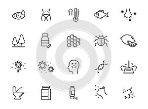 Allergy vector line icon. Allergen pollen dust flood, food allergic symbol rhinitis icon set