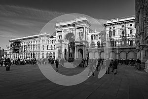 Galleria vittorio Emanuele view from Piazza Duomo Milan Italy black and white image