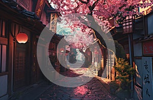 an alley in an asian town filled with pink blossoms