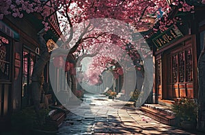 an alley in an asian town filled with pink blossoms