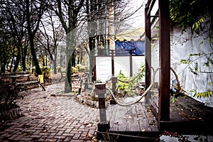 Alley with Benches in dendro park in Kropyvnytskyi, Ukraine