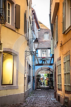 Alley with cobblestones and old architecture seen from  Strasbourg France
