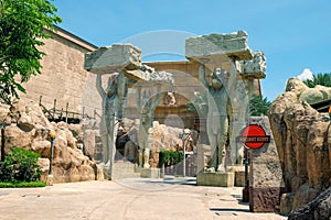 Alley of Egyptian Anubis God in Universal Studio Theme Park in front of Revenge of Mummy attraction.