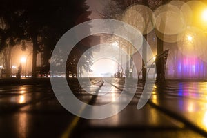 Alley of the evening misty park with burning lanterns, trees and