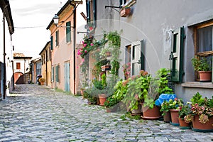 Alley with flower pots in Santarcangelo, Italy photo