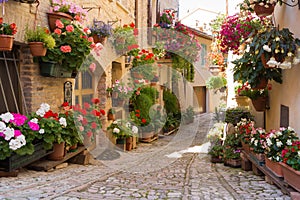 Alley with flowers pots in Spello, Umbria, Italy