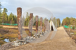 Alley of the gods, Sami, saami village on the Kola Peninsula, Russia. Tourist ethnographic parking. Settlement Old Titovka,