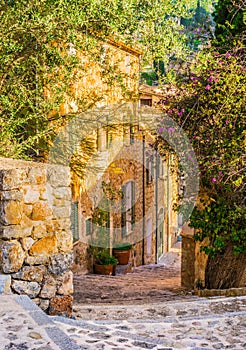 Beautiful street in Deia, old mountain village on Majorca, Spain