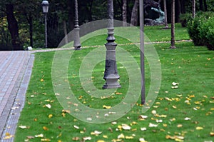 Alley with lanterns on poles in the park