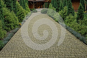 Alley of a long path of brown stone paving slabs