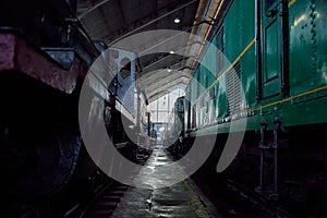 Alley between old Spanish steam locomotives at Delicias station in Madrid, Spain photo