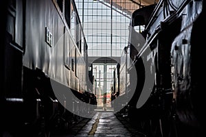 Alley between old Spanish steam locomotives at Delicias station in Madrid, Spain