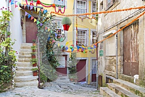 Alley in old town porto portugal photo