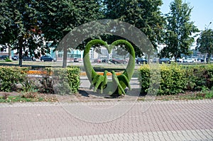 Alley in the park with green ornamental bushes in the shape of a heart and two pigeons, curly bushes