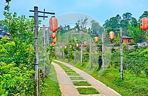 The alley with red Chinese lanterns, Ban Rak Thai Yunnan tea village, Thailand