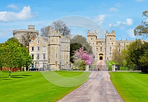 Alley to Windsor castle in spring, London suburbs, UK